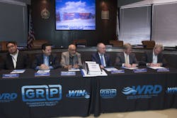 WRD Board of Directors and J.F. Shea Construction sign historic water project construction agreement. WRD Board of Directors and J.F. Shea Construction sign historic water project construction agreement.