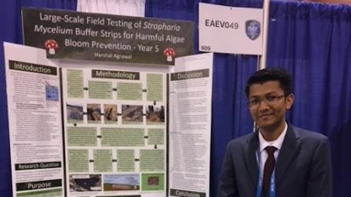 Harshal Agrawal, winner of the 2019 Patrick H. Hurd Sustainability Award stands in front of his winning project.
