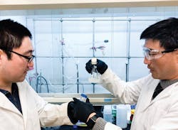 (L-R) Fei Zhao and Guihua Yu of Yu Research Labs at UT Austin examine a sample of their newly-developed hydrogel. Photo Courtesy Cockrell School of Engineering, The University of Texas at Austin. (L-R) Fei Zhao and Guihua Yu of Yu Research Labs at UT Austin examine a sample of their newly-developed hydrogel. Photo Courtesy Cockrell School of Engineering, The University of Texas at Austin.