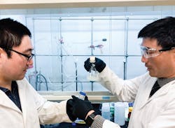 (L-R) Fei Zhao and Guihua Yu of Yu Research Labs at UT Austin examine a sample of their newly-developed hydrogel. Photo Courtesy Cockrell School of Engineering, The University of Texas at Austin. (L-R) Fei Zhao and Guihua Yu of Yu Research Labs at UT Austin examine a sample of their newly-developed hydrogel. Photo Courtesy Cockrell School of Engineering, The University of Texas at Austin.
