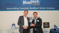 BlueTech Research chief executive Paul O&apos;Callaghan presents the award for Best Technology Innovation to Hein Molenkamp (l), managing director, Water Alliance, on behalf of LG Sonic.