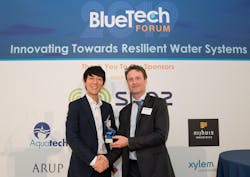 Takashi Kato, president and chief executive of Fracta, receives the award for Best Market Strategy from BlueTech Research chief executive Paul O'Callaghan (r). Takashi Kato, president and chief executive of Fracta, receives the award for Best Market Strategy from BlueTech Research chief executive Paul O'Callaghan (r).