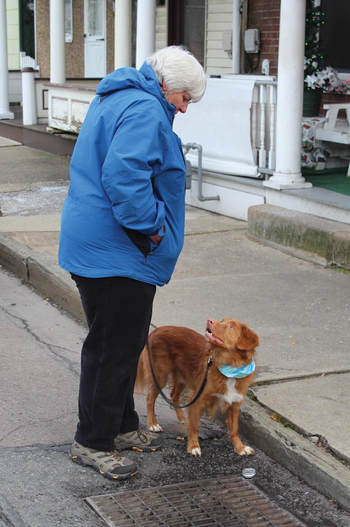 “Sussey,” a sewage-sniffing dog, signals a found scent through intense eye contact with his handler, Middle Susquehanna Riverkeeper Carol Parenzan. Photos courtesy of Middle Susquehanna Riverkeeper Association Inc./Ann Nowaskie.