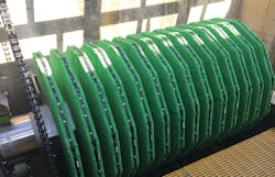 Each cloth media disk is 6.6 feet in diameter and provides an effective filtration area of 53.8 square feet, for a total filtration area of 1506.4 square feet. Each cloth media disk is 6.6 feet in diameter and provides an effective filtration area of 53.8 square feet, for a total filtration area of 1506.4 square feet.