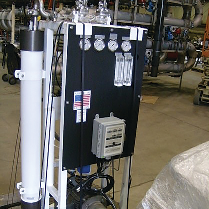 The RO Pilot Skid consists of a guard cartridge filter, a high-pressure booster pump and a single low-pressure brackish water RO membrane housed in a 4-inch diameter RO pressure vessel.