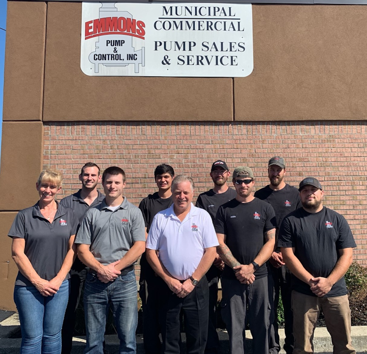 Emmons Employees Pictured Left to Right: Beth Lounsbury, Drew Fox, Trent Emmons, Chris Roloson, Kim Emmons, Logan Geurtze, Nick Robinson, Ryan Frank, Eric Bashford.