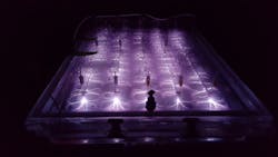 The Enhanced Contact Plasma Reactor, in operation here is designed to reduce the PFOS and PFOA molecule chain down into smaller compounds and elements, through several cycles. Better known as perfluorooctane sulfonate and perfluorooctanoic acid, PFOS and PFOA are synthetic chemical compounds used for decades in many industrial and consumer products and are very persistent in the environment and in the human body – meaning they don’t break down over time. This plasma reactor was tested at Wright-Patterson Air Force Base as part of an Air Force Civil Engineer Center contract to demonstrate effectiveness of a plasma reactor to treat water containing PFOS and PFOA. The Enhanced Contact Plasma Reactor, in operation here is designed to reduce the PFOS and PFOA molecule chain down into smaller compounds and elements, through several cycles. Better known as perfluorooctane sulfonate and perfluorooctanoic acid, PFOS and PFOA are synthetic chemical compounds used for decades in many industrial and consumer products and are very persistent in the environment and in the human body – meaning they don’t break down over time. This plasma reactor was tested at Wright-Patterson Air Force Base as part of an Air Force Civil Engineer Center contract to demonstrate effectiveness of a plasma reactor to treat water containing PFOS and PFOA.