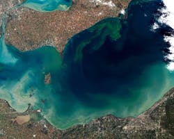 Figure 2. An aerial view of a toxic algae bloom in Lake Erie, 2011. Courtesy: NASA. Figure 2. An aerial view of a toxic algae bloom in Lake Erie, 2011. Courtesy: NASA.