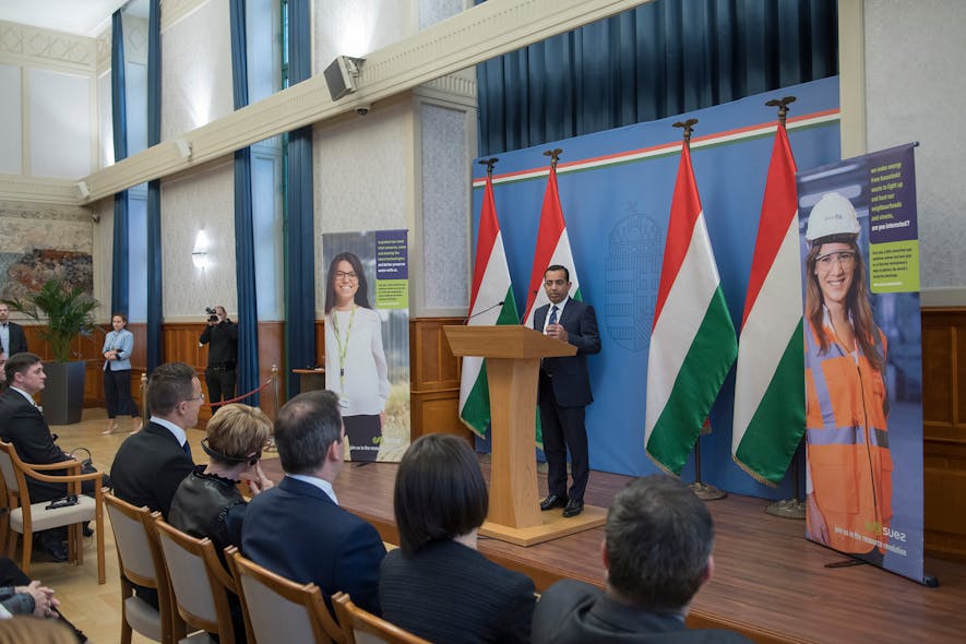 SUEZ WTS CEO Yuvbir Singh speaks at the announcement of a new plant in Oroszl&aacute;ny, Hungary.