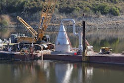 Now underwater, the cone will distribute oxygen-rich water throughout the reservoir to reduce the accumulation of excess nutrients and prevent harmful algae growth. Now underwater, the cone will distribute oxygen-rich water throughout the reservoir to reduce the accumulation of excess nutrients and prevent harmful algae growth.