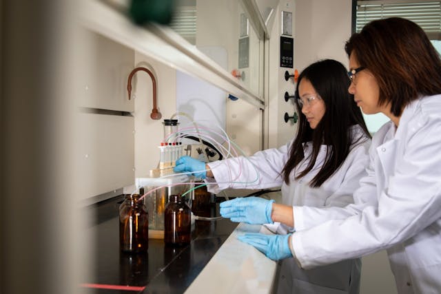 UB chemistry professor Diana Aga (right) and UB chemistry PhD candidate Luisa Angeles in the lab. To study pharmaceuticals in wastewater, they use the system pictured to isolate chemical compounds from the wastewater.