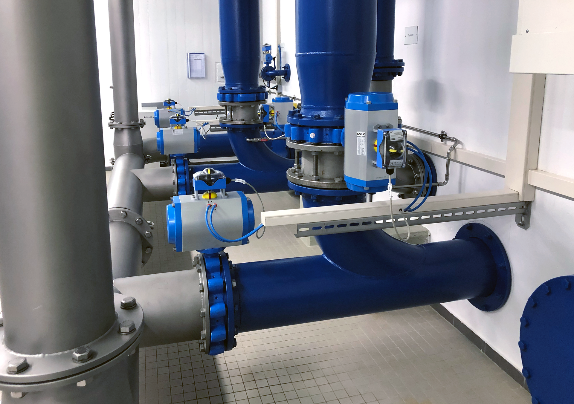 Rotork rack & pinion fluid power actuators at a municipal waterworks plant in Schwebberg, used on butterfly valves to control fluid and distribution of the water below the pump station.