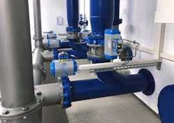 Rotork rack & pinion fluid power actuators at a municipal waterworks plant in Schwebberg, used on butterfly valves to control fluid and distribution of the water below the pump station. Rotork rack & pinion fluid power actuators at a municipal waterworks plant in Schwebberg, used on butterfly valves to control fluid and distribution of the water below the pump station.
