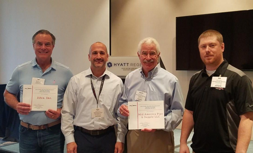 From left: Jay Forni, Jr. from Jifco, Inc., Kyle Couture - SPFA Pipe Section Chairman from American Spiralweld Pipe Company, LLC, and Hardin Stephens and Nik Parsons from Mid America Pipe Fabricating & Supply, LLC after Jifco, Inc. and Mid America Pipe Fabricating & Supply, LLC were presented their 2019 Steel Water Pipe Product of the Year awards.