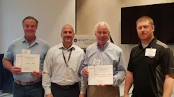 From left: Jay Forni, Jr. from Jifco, Inc., Kyle Couture - SPFA Pipe Section Chairman from American Spiralweld Pipe Company, LLC, and Hardin Stephens and Nik Parsons from Mid America Pipe Fabricating & Supply, LLC after Jifco, Inc. and Mid America Pipe Fabricating & Supply, LLC were presented their 2019 Steel Water Pipe Product of the Year awards.