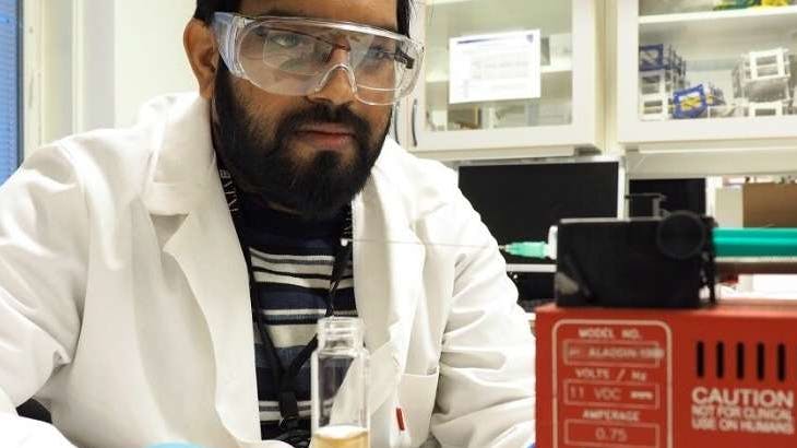 Sulalit Bandyopadhyay is working to make artificial sand that contains DNA. The goal is to use the sand to trace water flows, which is useful for understanding where pollution is coming from, for example.