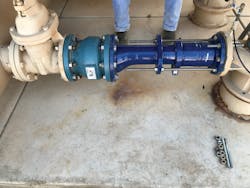 A unique eccentric dismantling joint with flange connectors on either end can be telescoped to be anywhere between 10” and 14” in length. A unique eccentric dismantling joint with flange connectors on either end can be telescoped to be anywhere between 10” and 14” in length.