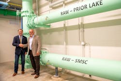 Prior Lake Mayor Kirt Briggs(L) and Shakopee Mdewakanton Sioux Community Chairman Charles R. Vig inside the new water treatment facility. Prior Lake Mayor Kirt Briggs(L) and Shakopee Mdewakanton Sioux Community Chairman Charles R. Vig inside the new water treatment facility.