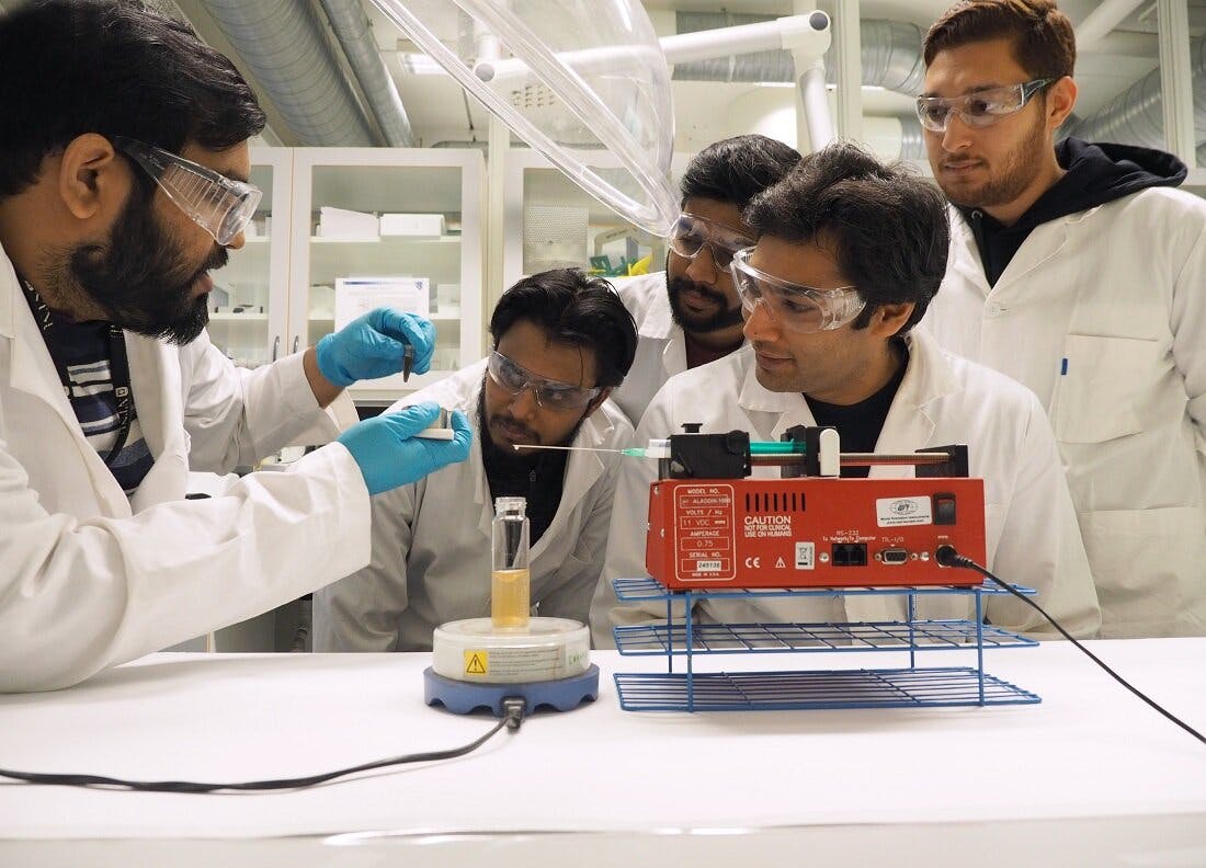 This group is working to develop the artificial sand. From left, Sulalit Bandyopadhyay, Anuvansh Sharma, Ahmad Bin Ashar, Karthik Raghunathan and Abhishek Banerjee.