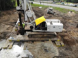 Multiple layers of mats were utilized to create a stable platform from which the bucket-auger drill rig could safely operate. Multiple layers of mats were utilized to create a stable platform from which the bucket-auger drill rig could safely operate.