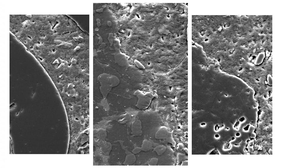 Magnified images showing concrete made with treated slag (center), conventional aggregates (left) and raw slag (right). The treated slag forms a more seamless bond with the cement paste, making the concrete stronger.