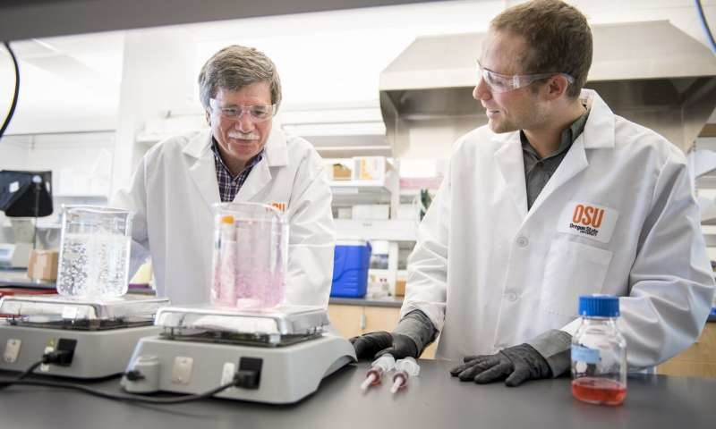 Lew Semprini, left, and Mitchell Rasmussen in the lab where groundwater-purifying hydrogel beads are made.