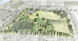 Artist&rsquo;s rendering of the Mirabeau Water Garden, which will transform a 25-acre open site into a multi-use facility that reduces flood risk.