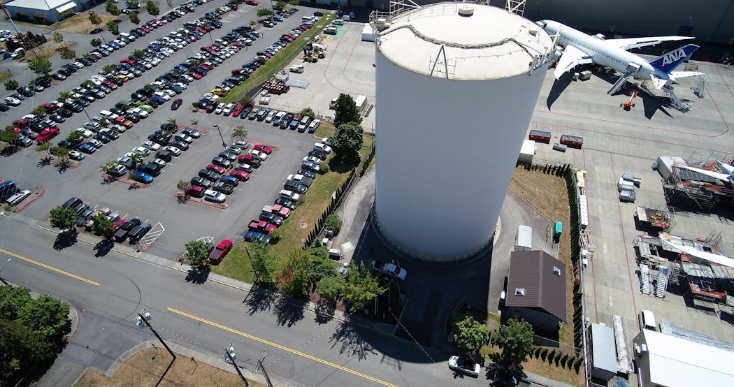 HCI Industrial &amp; Marine Coatings Inc. fully restored the 50,000-square-foot interior and exterior of this 4.5-million-gallon water tank in record time at Paine Field in Everett, Wash.