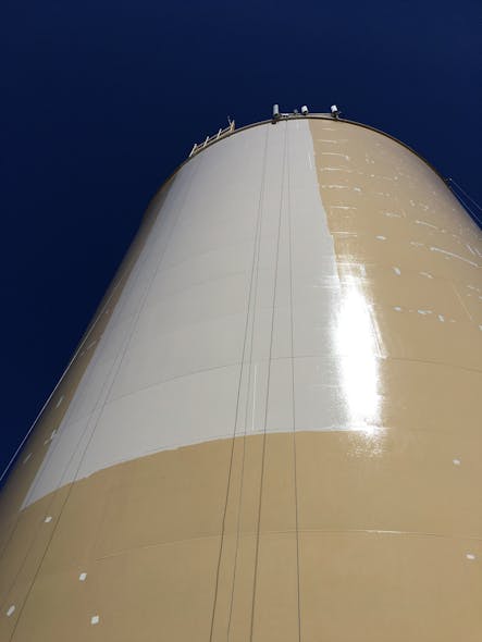 HCI applied the white Acrolon&trade; Ultra HS topcoat over a tan intermediate coat of Macropoxy 5000 Penetrating Epoxy Primer/Sealer. The alternating colors helped crewmembers ensure complete coverage of the topcoat on the tank.