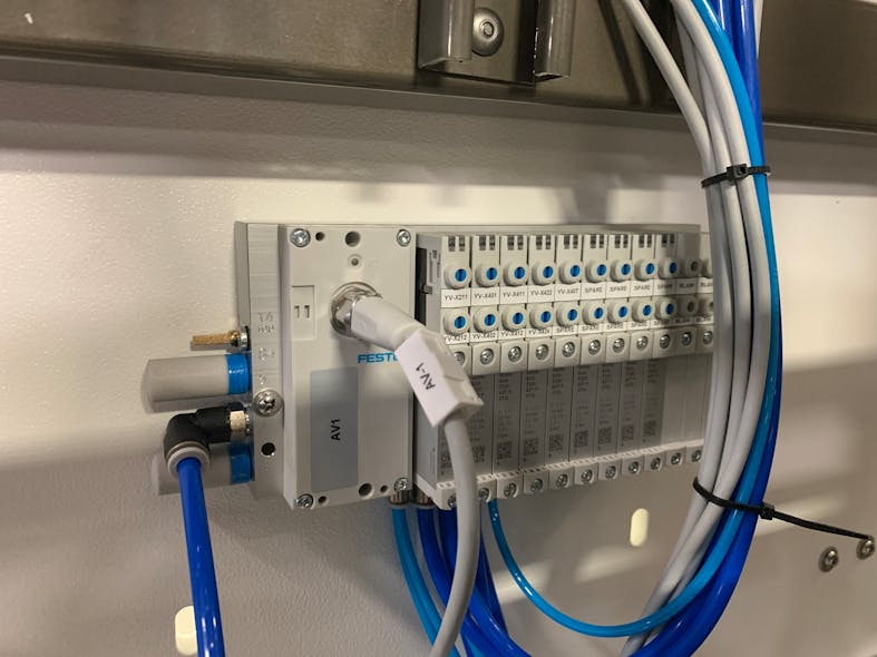 The Festo IO-Link enabled air manifold allows for the control for several air-actuated valves with a single cable for control, greatly simplifying installation and programing.