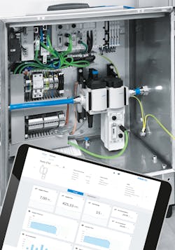 The cloud-based dashboard provides historic and real-time data on air and energy consumption from a key process. The Festo E2M module (cabinet, lower right) provides data and alert conditions while lowering air consumption when the process is in standby. The cloud-based dashboard provides historic and real-time data on air and energy consumption from a key process. The Festo E2M module (cabinet, lower right) provides data and alert conditions while lowering air consumption when the process is in standby.