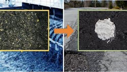 Researchers are turning grit from wastewater (left) into a ceramic mortar that can be used as pothole filler (right). Researchers are turning grit from wastewater (left) into a ceramic mortar that can be used as pothole filler (right).