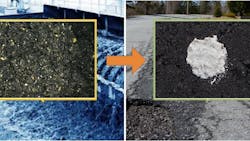 Researchers are turning grit from wastewater (left) into a ceramic mortar that can be used as pothole filler (right).