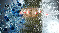 An artist’s view of small-diameter carbon nanotubes that pass through water molecules (red and white) and reject ions (blue). High permselectivity of small-diameter nanotubes can enable advanced water desalination technologies. Credit: A. Noy, T. A. Pham, Y. Li, Z. Li, F. Aydin (LLNL).