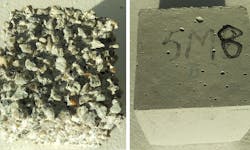 Image comparing highly corroded ordinary Portland cement (left) with cement-free concrete (right). Image comparing highly corroded ordinary Portland cement (left) with cement-free concrete (right).
