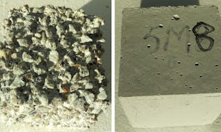 Image comparing highly corroded ordinary Portland cement (left) with cement-free concrete (right).