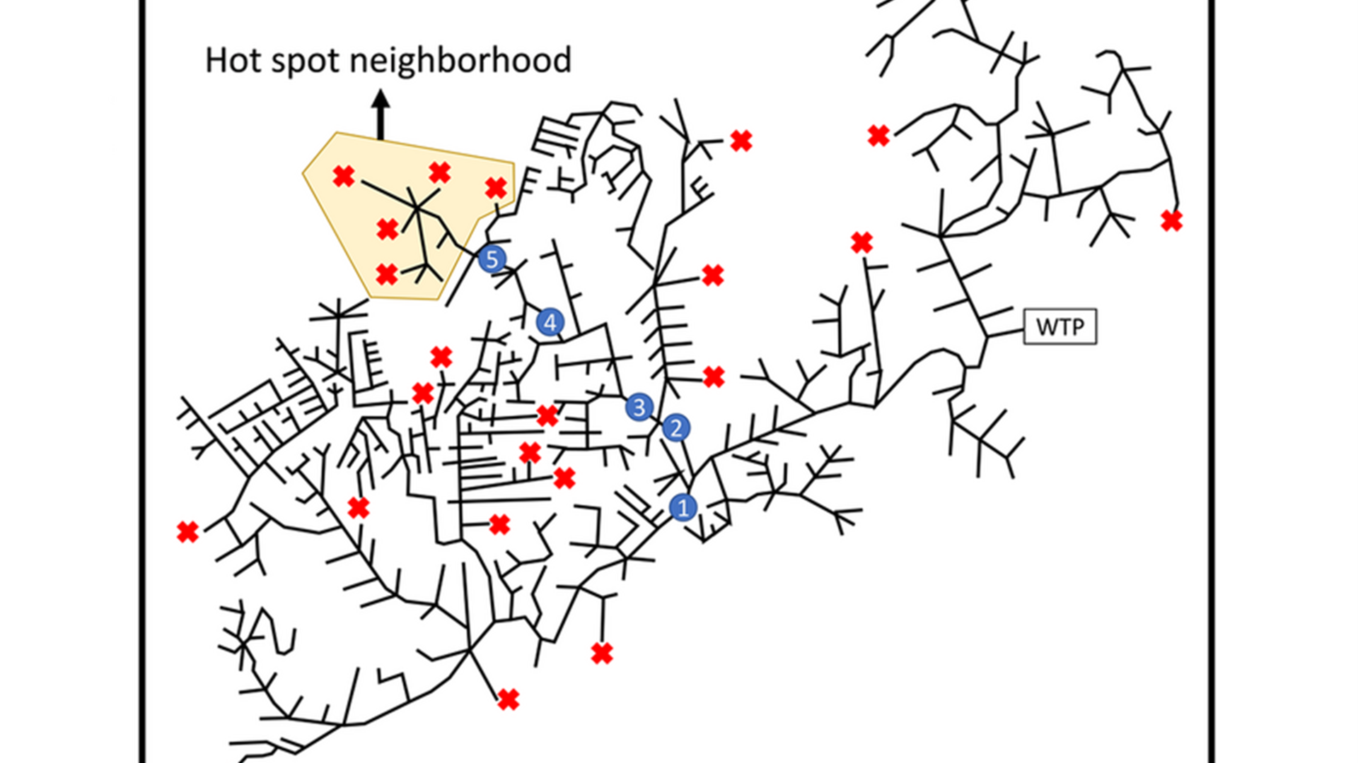 A 'tree network' of sewage pipelines can be accessed via many maintenance holes (typically about 300 feet apart). A new algorithm can dynamically and adaptively select which maintenance holes in a community to test for evidence of SARS-CoV-2 to lead to areas of outbreak, in this case finding a &ldquo;hot spot neighborhood&rdquo; of infections.