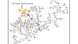 A 'tree network' of sewage pipelines can be accessed via many maintenance holes (typically about 300 feet apart). A new algorithm can dynamically and adaptively select which maintenance holes in a community to test for evidence of SARS-CoV-2 to lead to areas of outbreak, in this case finding a “hot spot neighborhood” of infections. A 'tree network' of sewage pipelines can be accessed via many maintenance holes (typically about 300 feet apart). A new algorithm can dynamically and adaptively select which maintenance holes in a community to test for evidence of SARS-CoV-2 to lead to areas of outbreak, in this case finding a “hot spot neighborhood” of infections.