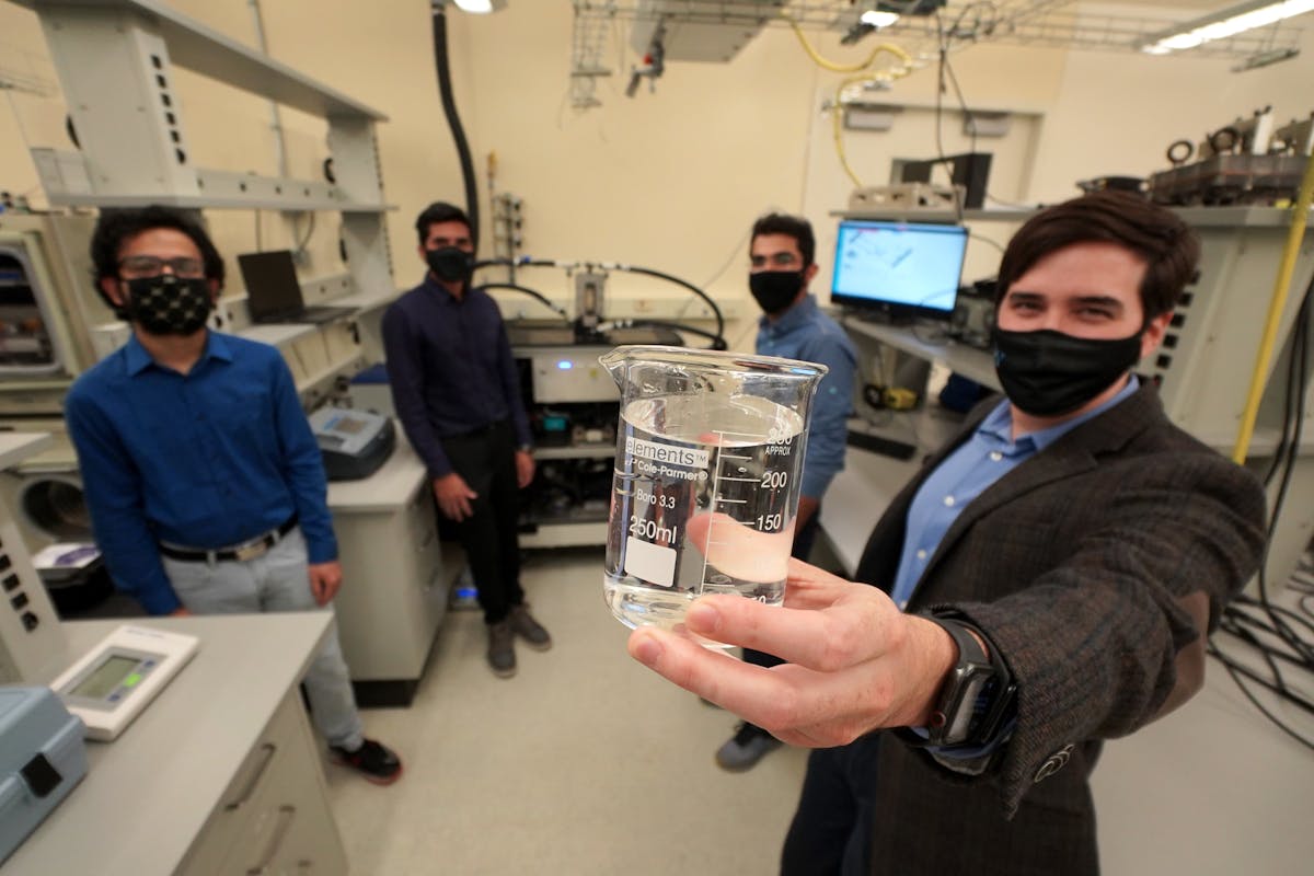 David Warsginer, a Purdue University innovator, and his team are among the quarterfinalists in a national solar desalination innovation contest. Pictured are Warsinger and members of his research group&apos;s Membrane Distillation Subteam.