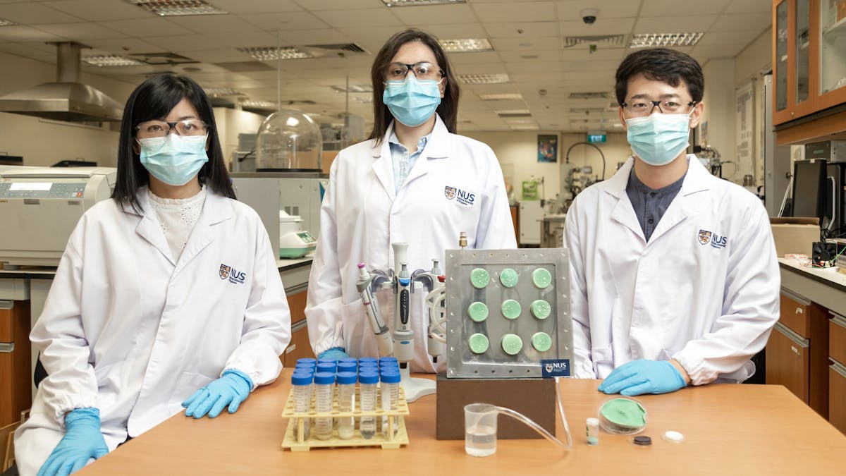 The water-producing aerogel is invented by a team of six researchers led by Professor Ho Ghim Wei (left). Two of them are Dr Gamze Yilmaz (centre) and Dr Fan Lu Meng (right).
