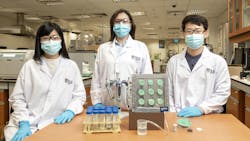 The water-producing aerogel is invented by a team of six researchers led by Professor Ho Ghim Wei (left). Two of them are Dr Gamze Yilmaz (centre) and Dr Fan Lu Meng (right).