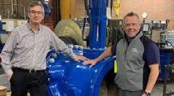 John Ballun and Rob McDonald standing next to a 30' Tilted Disc Check Valve at Val-Matic’s Elmhurst facility. John Ballun and Rob McDonald standing next to a 30' Tilted Disc Check Valve at Val-Matic’s Elmhurst facility.