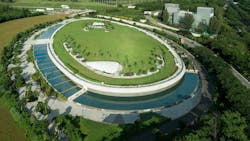 The Keppel Marina East Desalination Plant&apos;s innovative design integrates the plant with surrounding greenery by situating the treatment equipment underground.