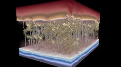 This 3D model of a polymer desalination membrane shows water -- the silver channels, moving from top to bottom -- avoiding dense spots in the membrane and slowing flow. This 3D model of a polymer desalination membrane shows water -- the silver channels, moving from top to bottom -- avoiding dense spots in the membrane and slowing flow.