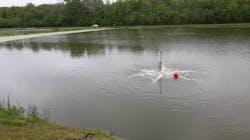 A Tsurumi TRN aerator operates submerged at one of the lagoons of the Teutopolis treatment plant. A Tsurumi TRN aerator operates submerged at one of the lagoons of the Teutopolis treatment plant.