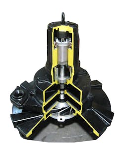 Cutaway of a Tsurumi TRN submersible self-aspirating aerator, designed for aeration and mixing of wastewater. Cutaway of a Tsurumi TRN submersible self-aspirating aerator, designed for aeration and mixing of wastewater.
