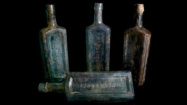 Hazard & Caswell bottles from an apothecary in Newport, R.I., that contained a medicinal concoction marketed as a cure for digestive and other ailments.