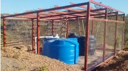 Two 1,250-gallon (5,000L) water storage tanks installed at an elevation of over 1,000 ft. (300 m). The tanks are fully chlorinated and emptied and refilled on a daily basis.
