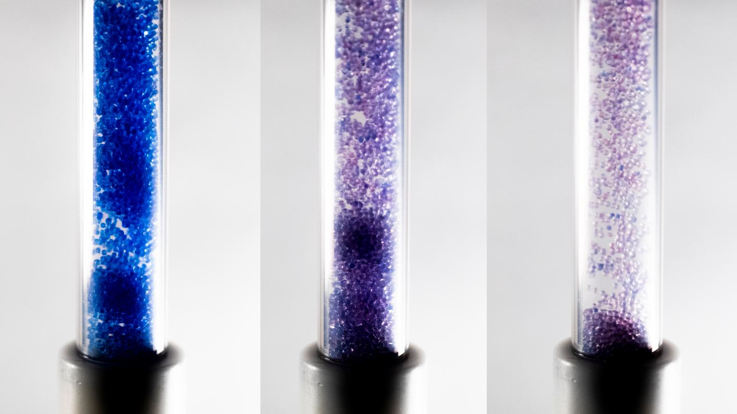 SwRI researchers are using these silica gel beads as part of a low-cost, large-scale method to harvest water molecules from the air. As they expel moisture, they turn from blue to pink.