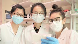 SMART AMR researchers Wei Lin Lee (left), Xiaoqiong Gu (centre) and Federica Armas (right) evaluate a 384-well plate set up for variant detection assays.